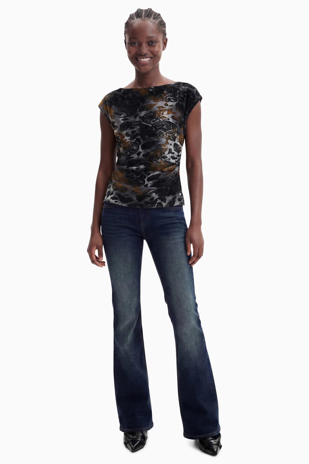 Multikleurige dames Desigual jacquard top meerkleurig van polyester met korte mouwen en off shoulder hals