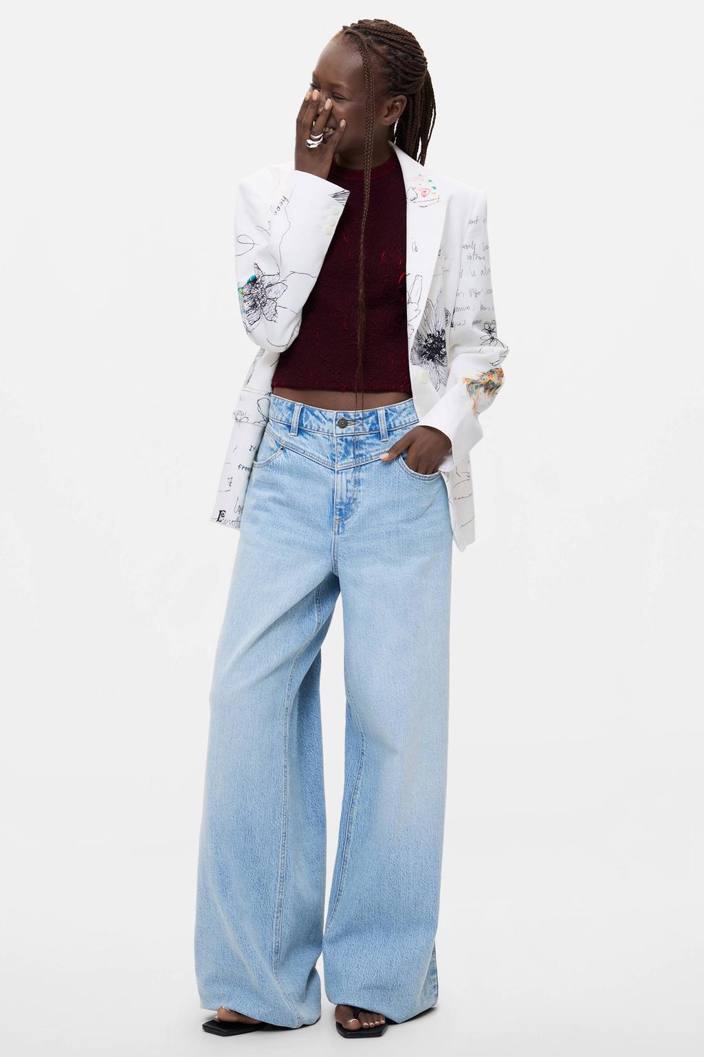 Ecru en zwarte dames Desigual regular fit blazer van katoen met lange mouwen en reverskraag