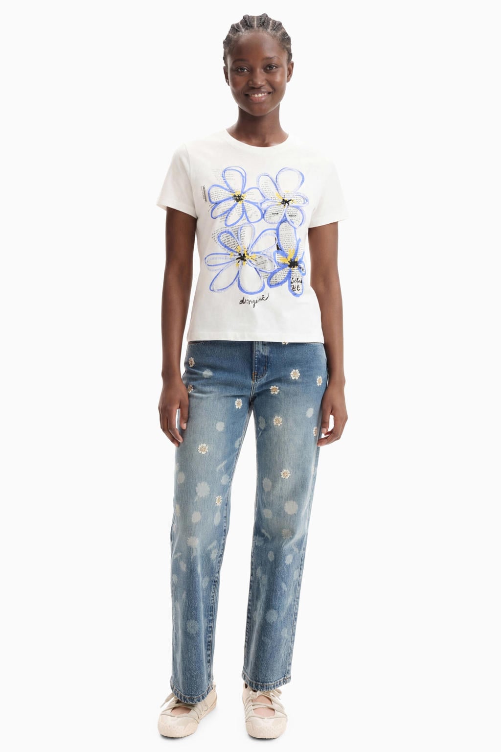 Witte dames Desigual T-shirt van katoen met printopdruk, korte mouwen en ronde hals