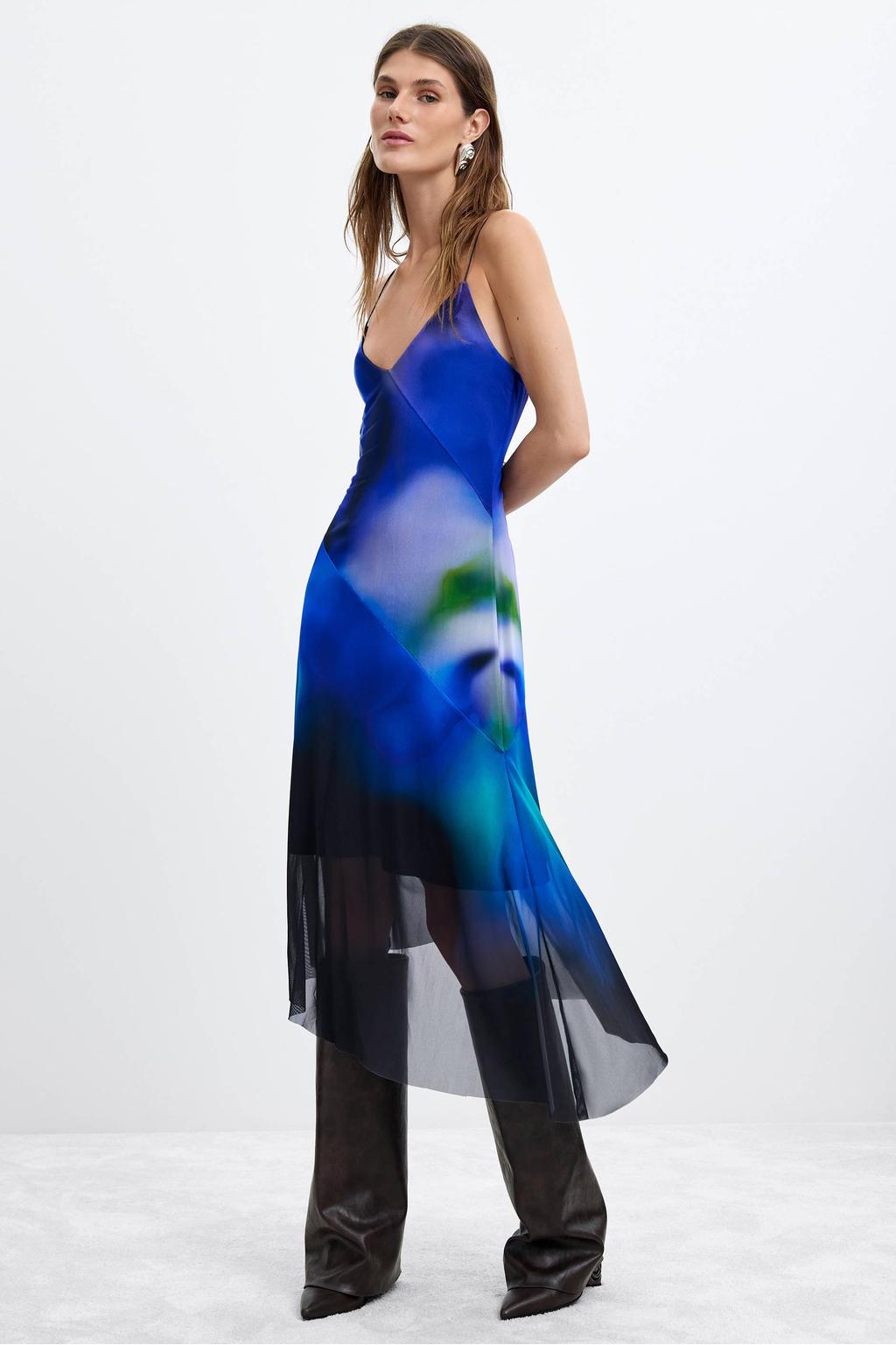Blauwe dames Desigual midi jurk van polyester met V-hals