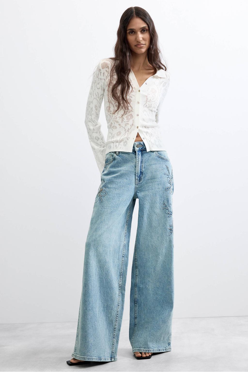 Light blue denim dames Desigual wide leg jeans van denim met rits- en knoopsluiting en effen