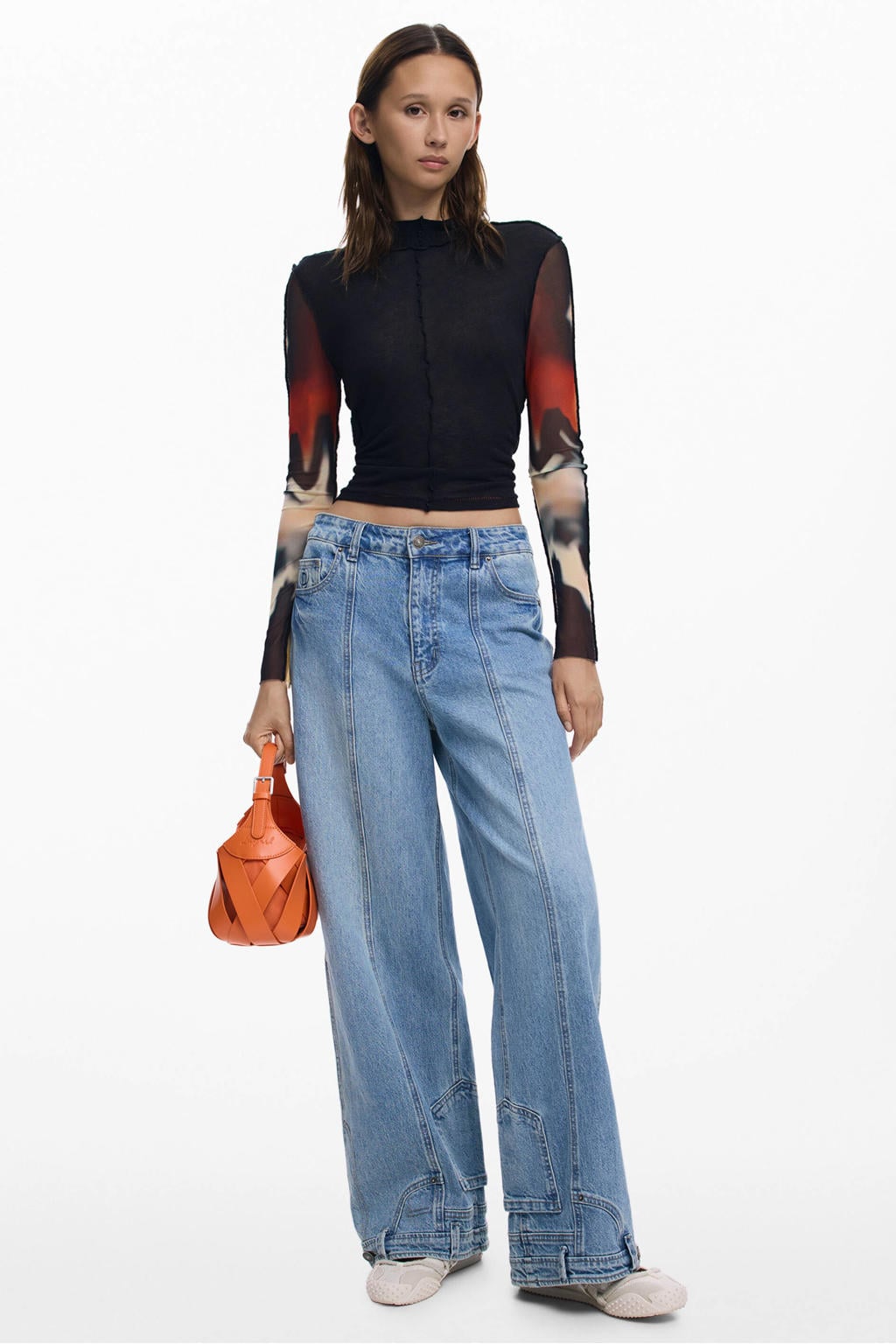 Zwart en multikleurige dames Desigual top mouwen van mesh met lange mouwen en ronde hals