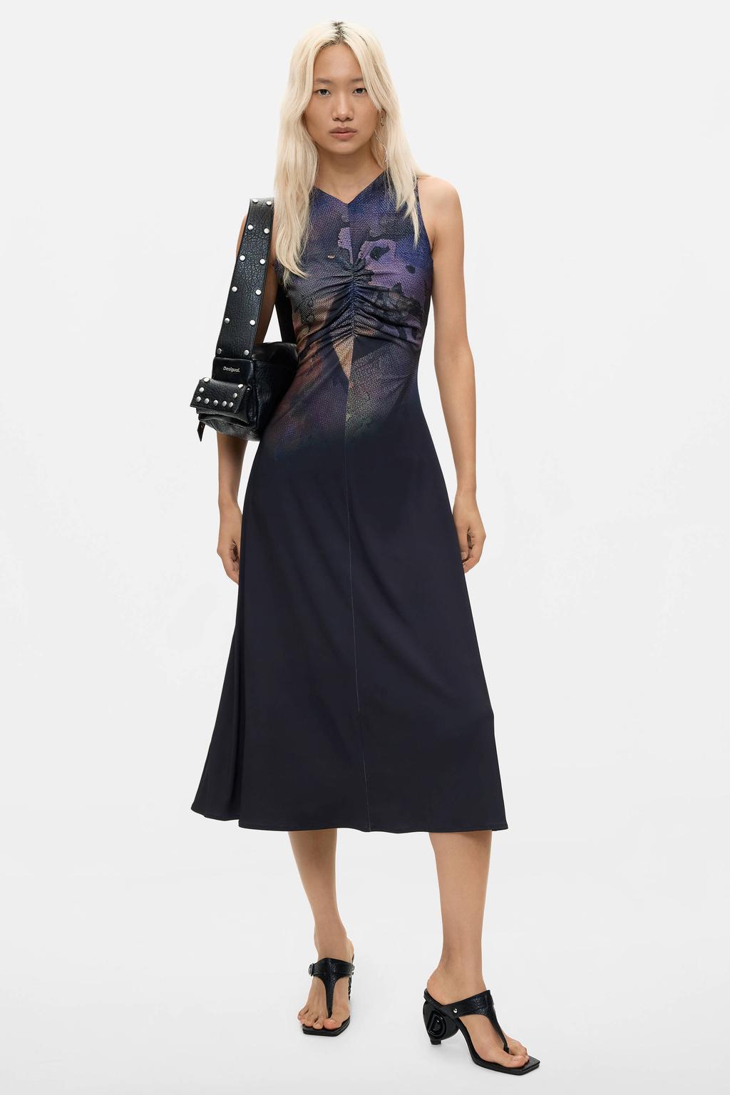 Zwarte dames Desigual midi jurk van polyester met ronde hals en ritssluiting