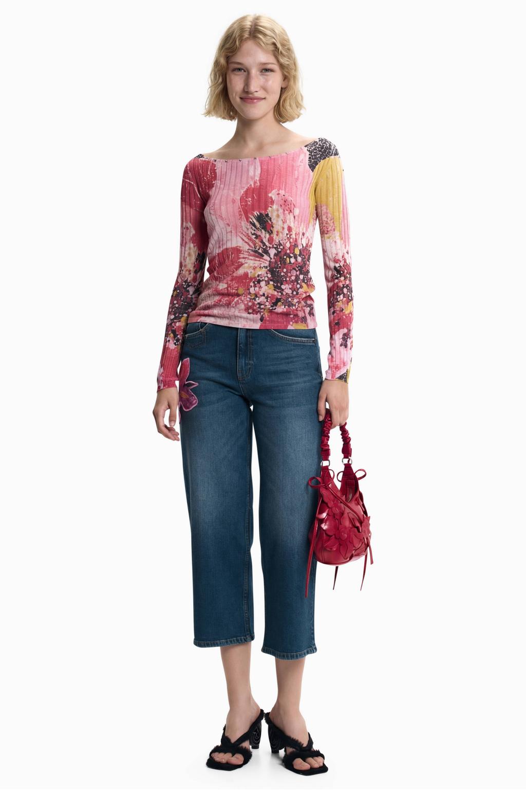 Roze dames Desigual top van viscose met lange mouwen en boothals
