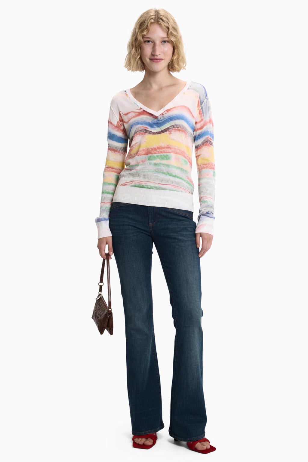 Multikleurige dames Desigual fijn gebreide trui meerkleurig van viscose met lange mouwen en V-hals