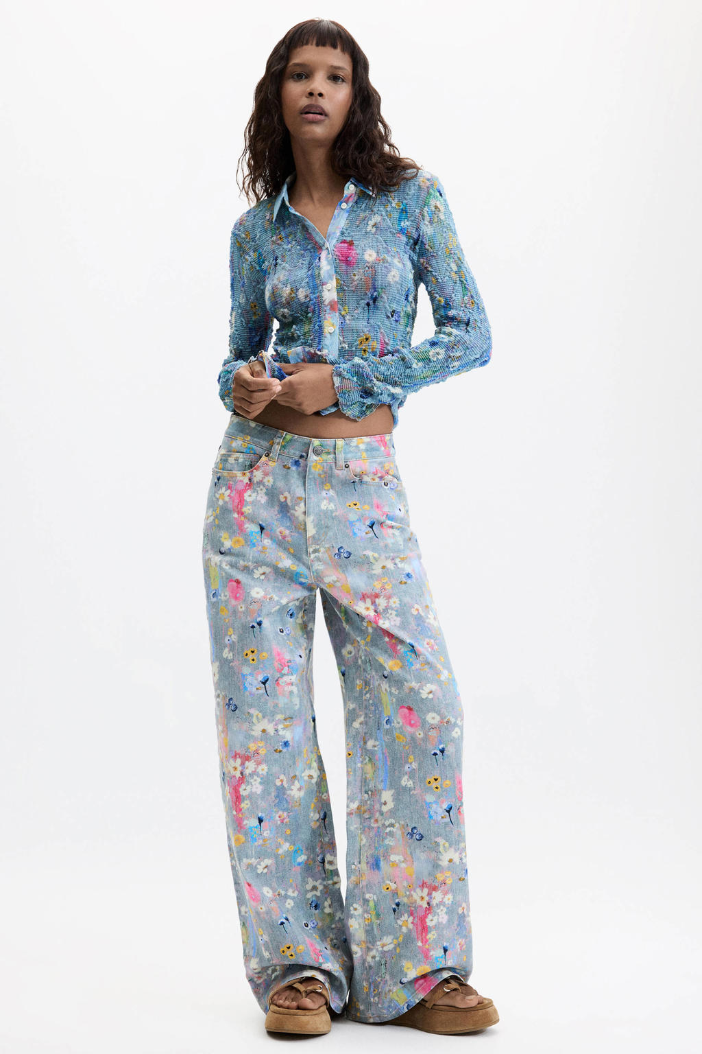 Multikleurige dames Desigual wide leg jeans meerkleurig van denim met rits- en knoopsluiting