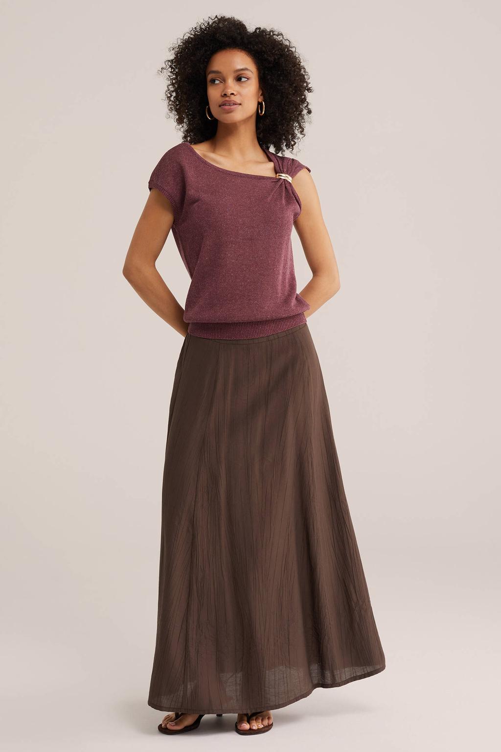 Oudroze dames WE Fashion top van acryl met effen en off shoulder hals