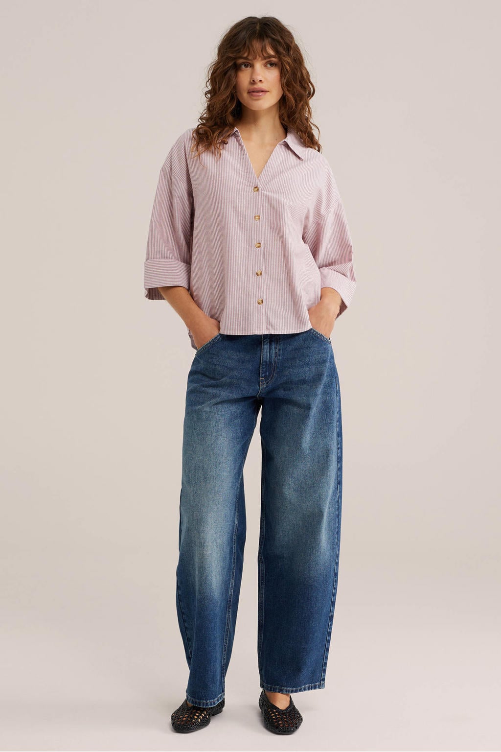 Oudroze en ecru dames WE Fashion gestreepte blouse van katoen met driekwart mouwen, klassieke kraag en knoopsluiting