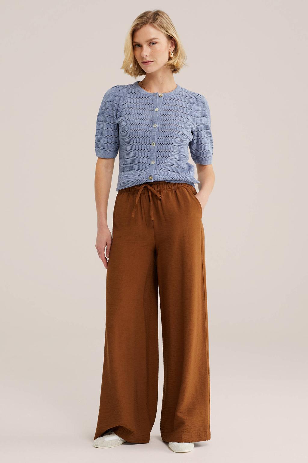 Grijsblauwe dames WE Fashion vest blauw met effen, korte mouwen, ronde hals en knoopsluiting