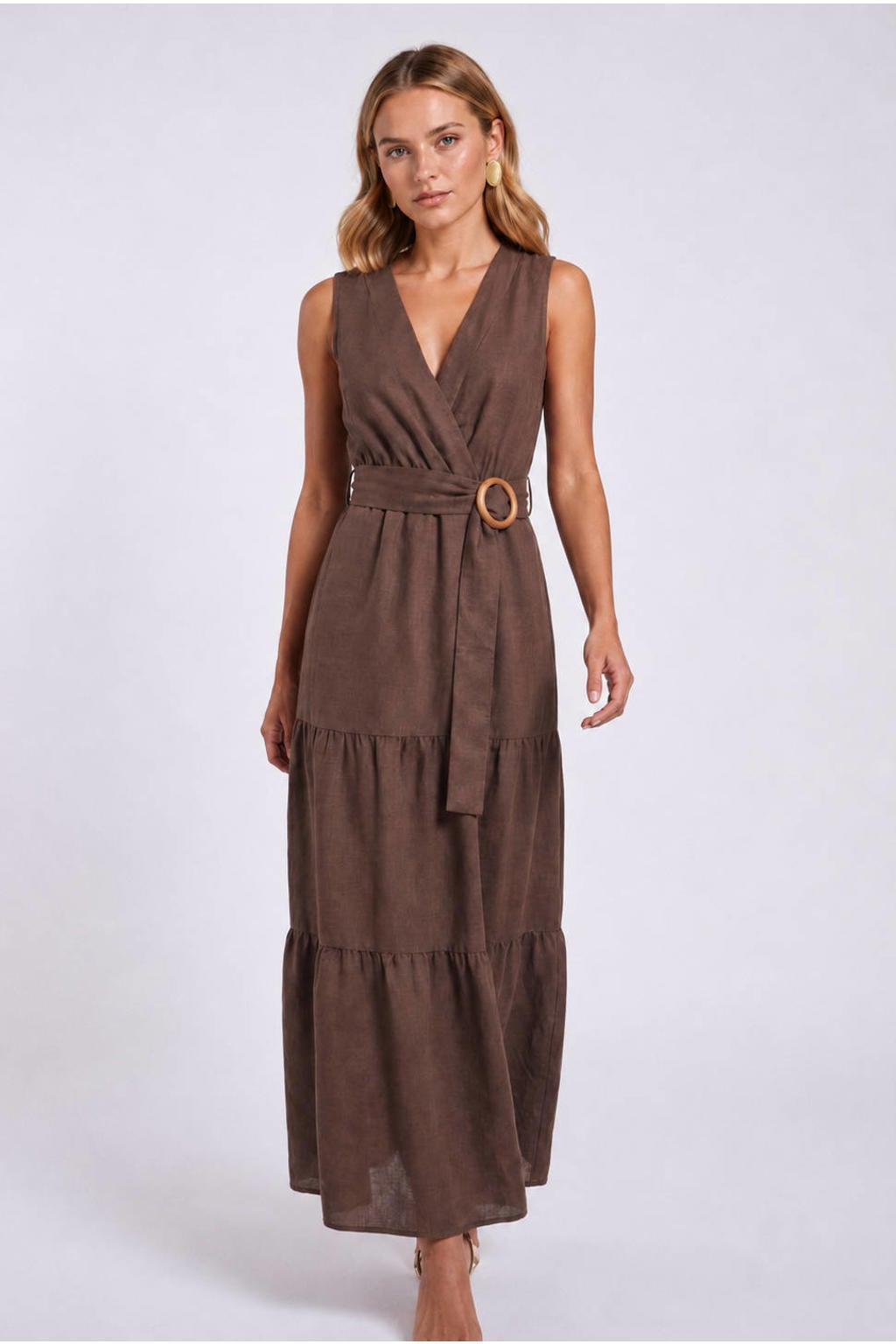 Freebird midi jurk met ceintuur - bruin