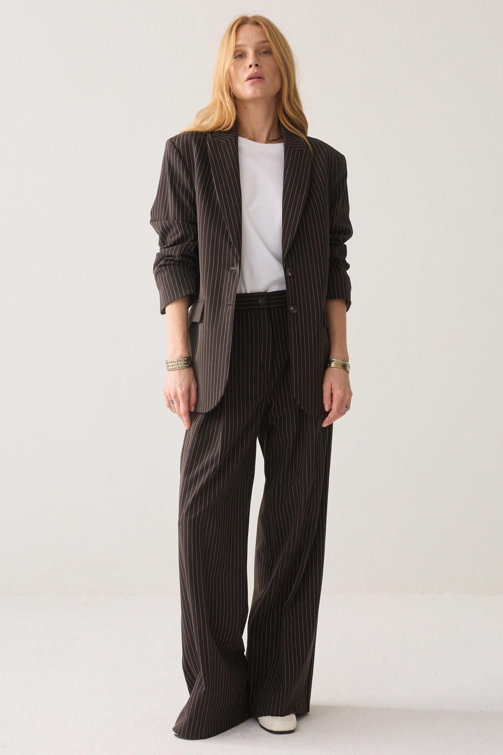 Bruine dames Summum blazer van polyester met krijtstreepprint, lange mouwen, reverskraag, knoopsluiting en tunnelkoord