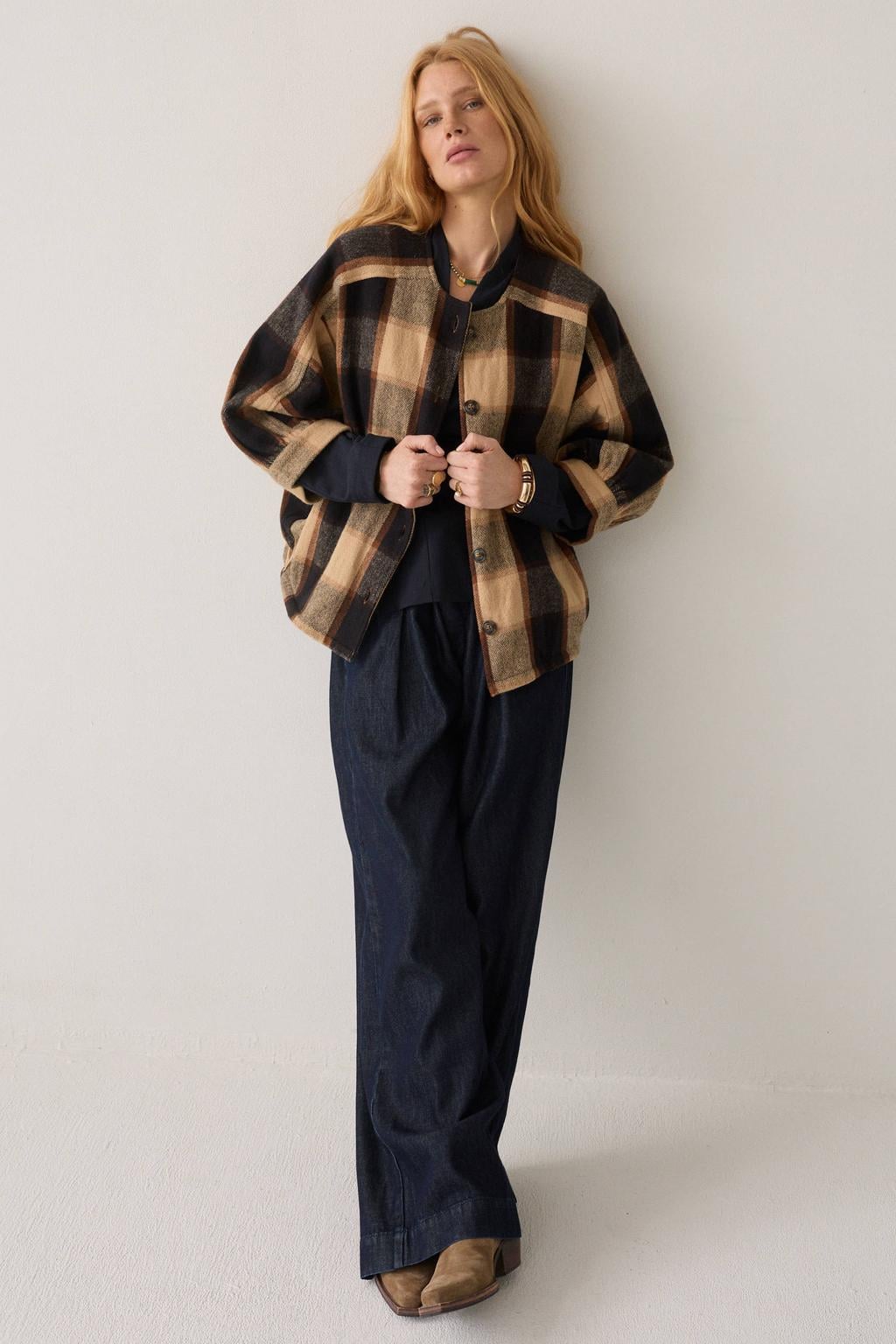 Bruine dames Summum katoenen geruite jas met meerkleurige print, half lange mouwen en knoopsluiting