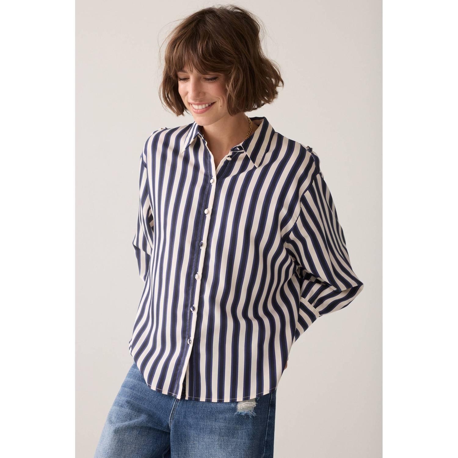 Summum gestreepte blouse met plooien donkerblauw