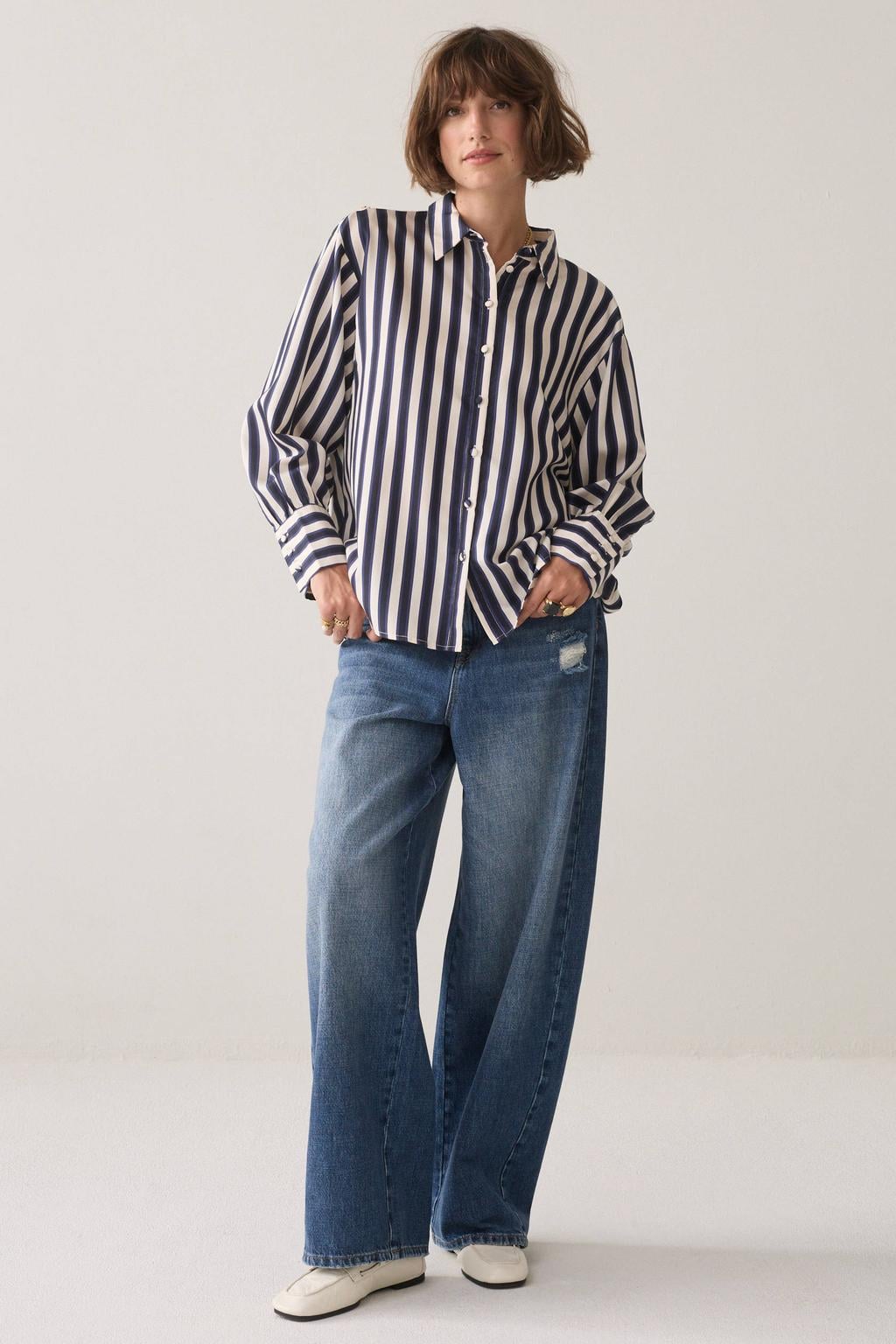 Summum gestreepte blouse met plooien - donkerblauw