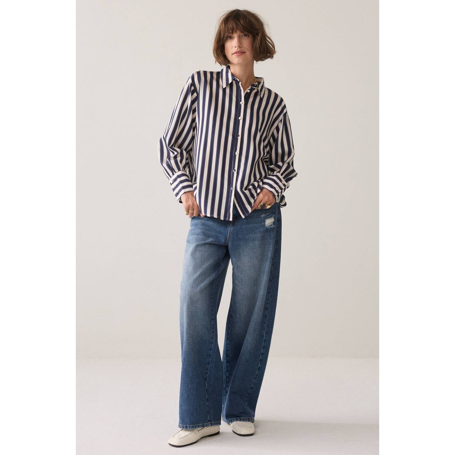 Summum gestreepte blouse met plooien donkerblauw