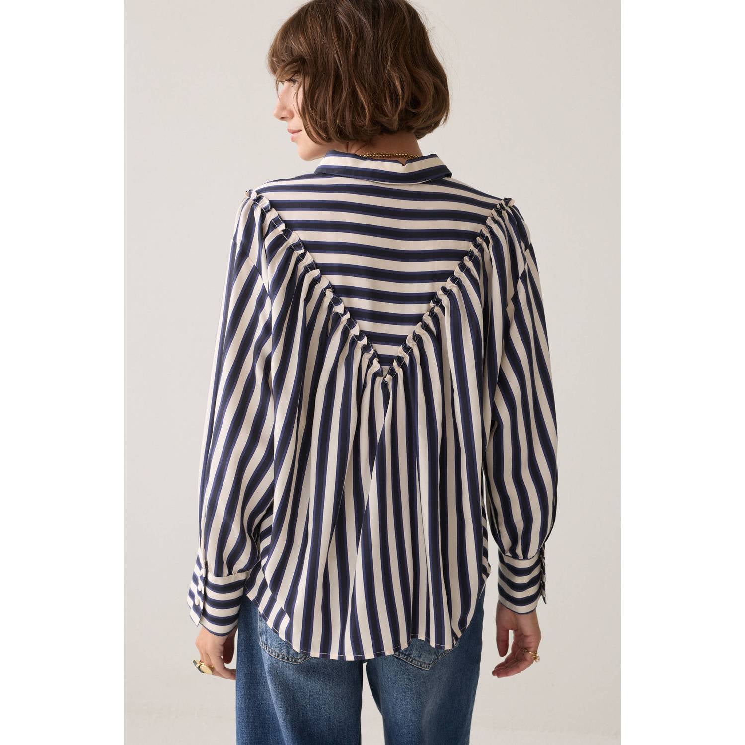 Summum gestreepte blouse met plooien donkerblauw