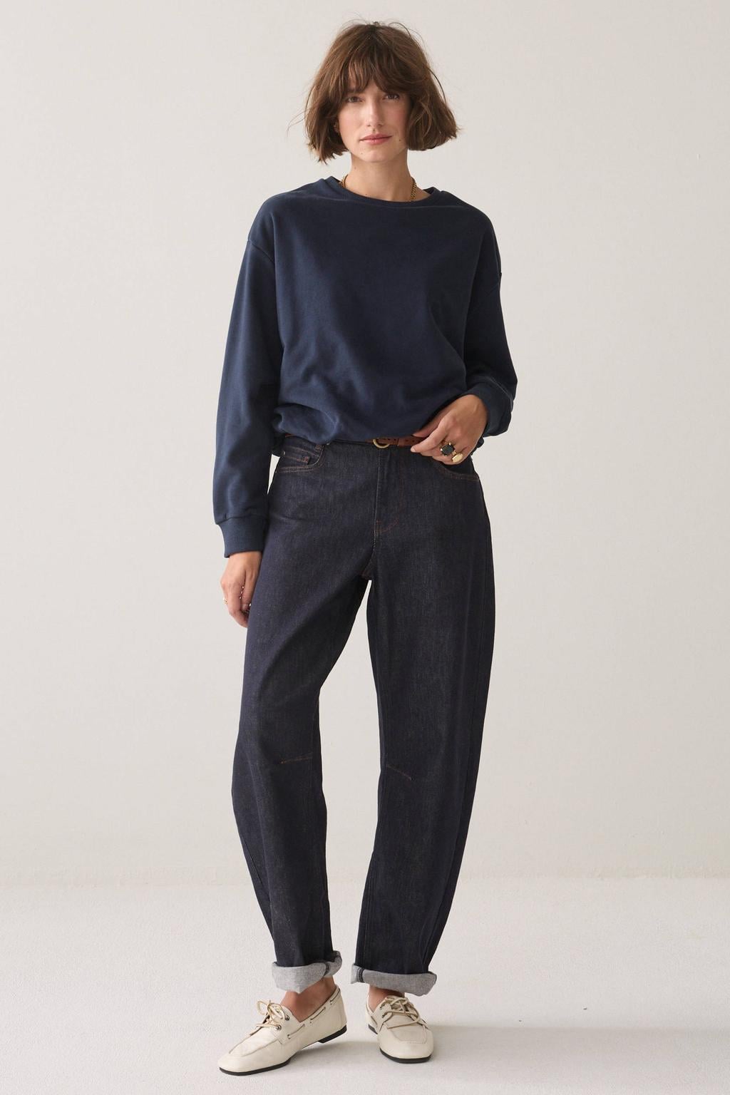Donkerblauwe dames Summum katoenen pullover met lange mouwen, ronde hals en geribde boorden