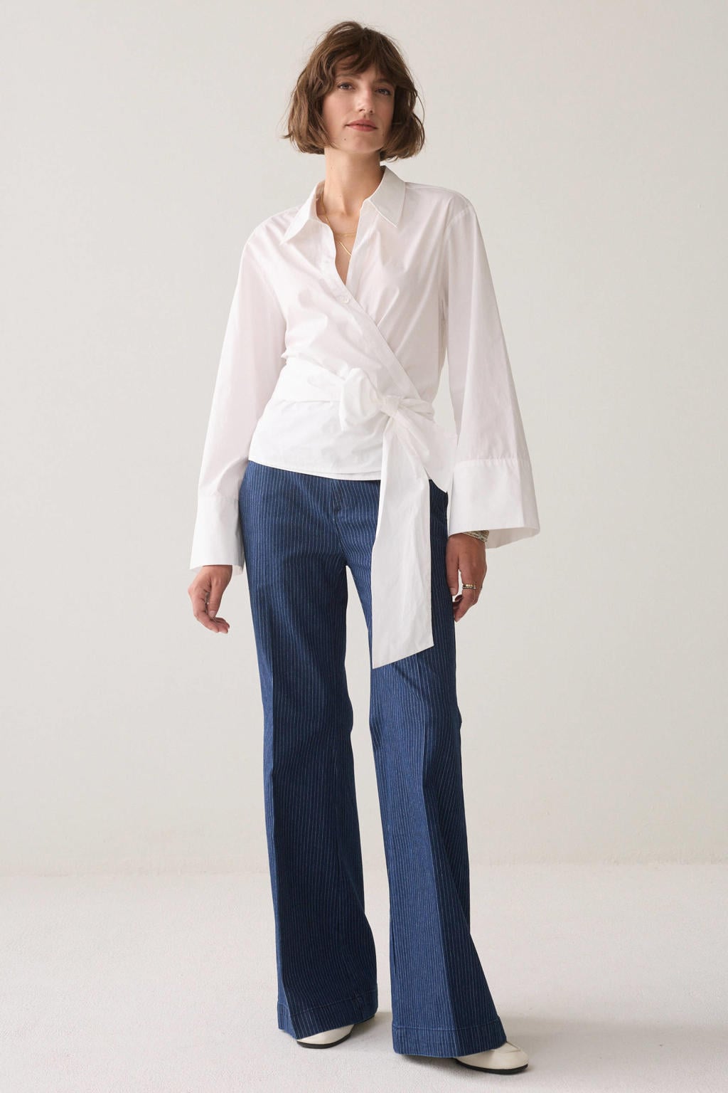 Witte dames Summum blouse van katoen met effen, lange mouwen, klassieke kraag en knoopsluiting