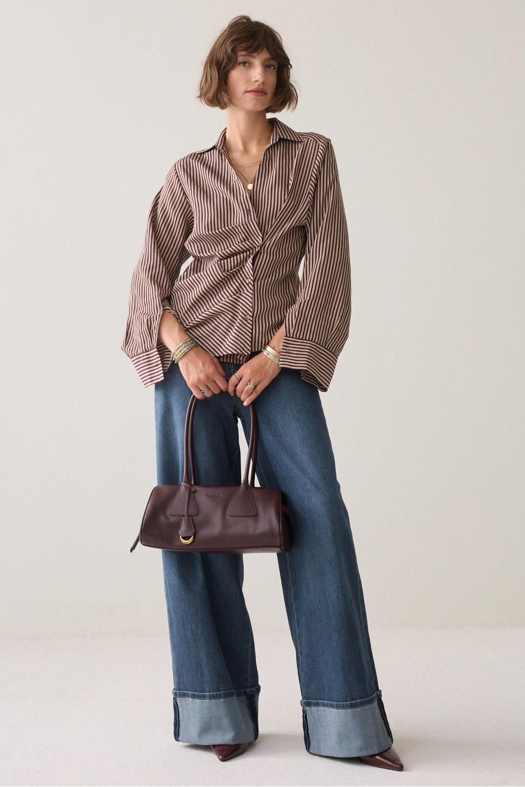 Donkerrode dames Summum gestreepte blouse van viscose met lange mouwen, klassieke kraag en knoopsluiting