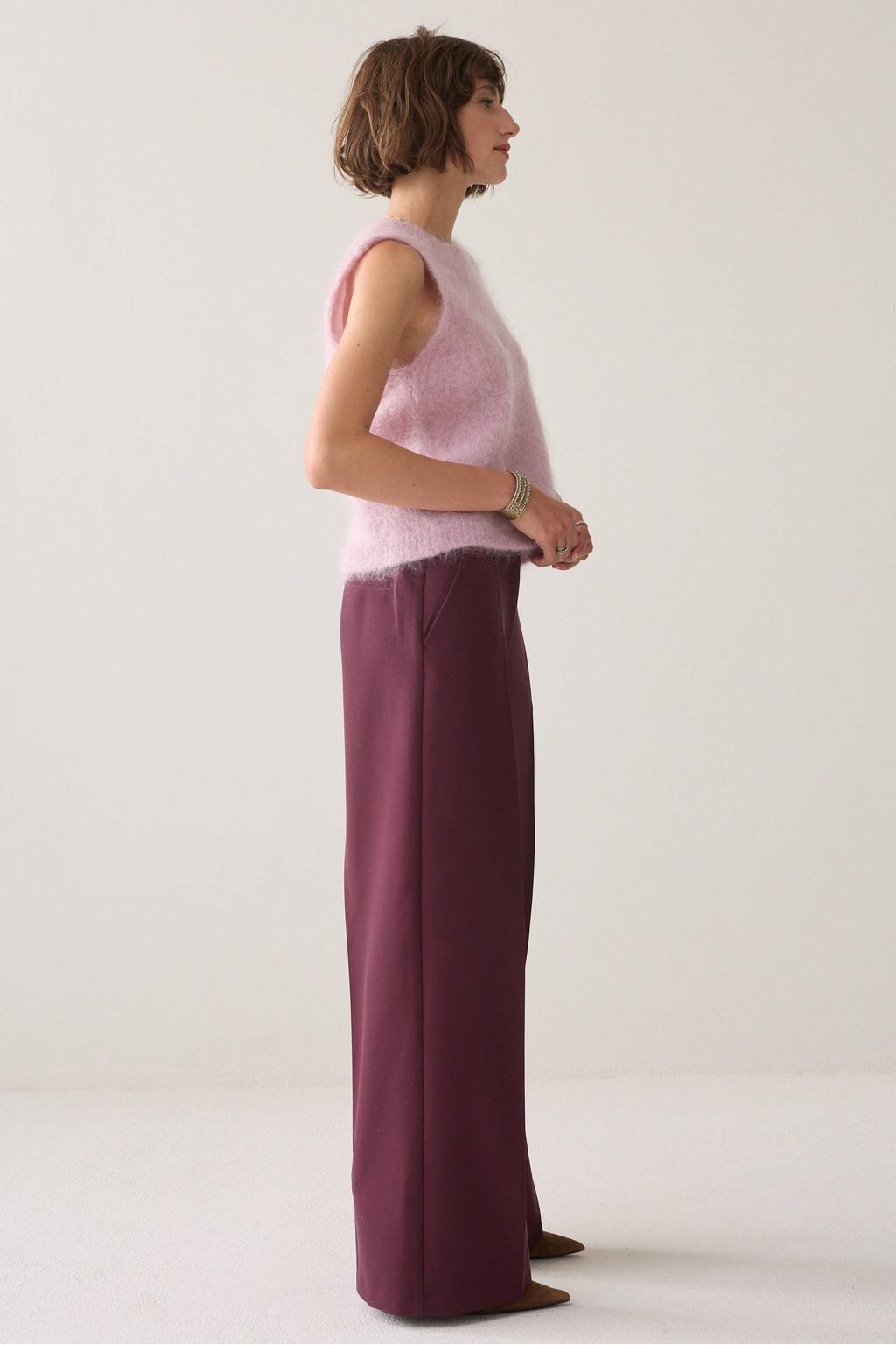 Donkerrode dames Summum wide leg pantalon met rits- en knoopsluiting en effen
