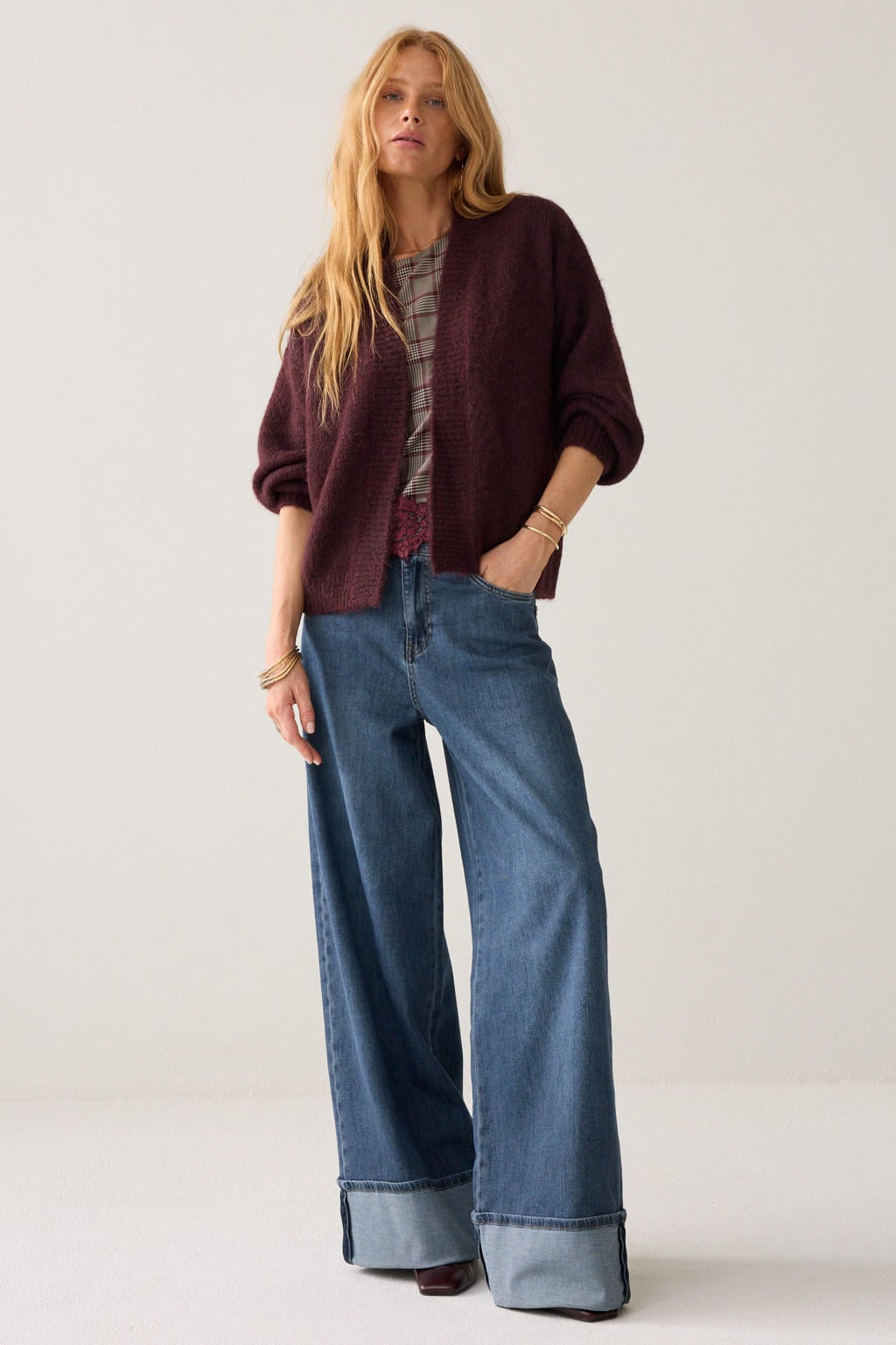 Aubergine dames Summum gebreide vest met effen, lange mouwen en openvallende hals