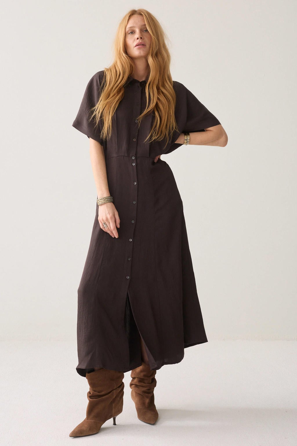 Bruine dames Summum acetaat midi jurk met effen, korte mouwen, klassieke kraag en knoopsluiting