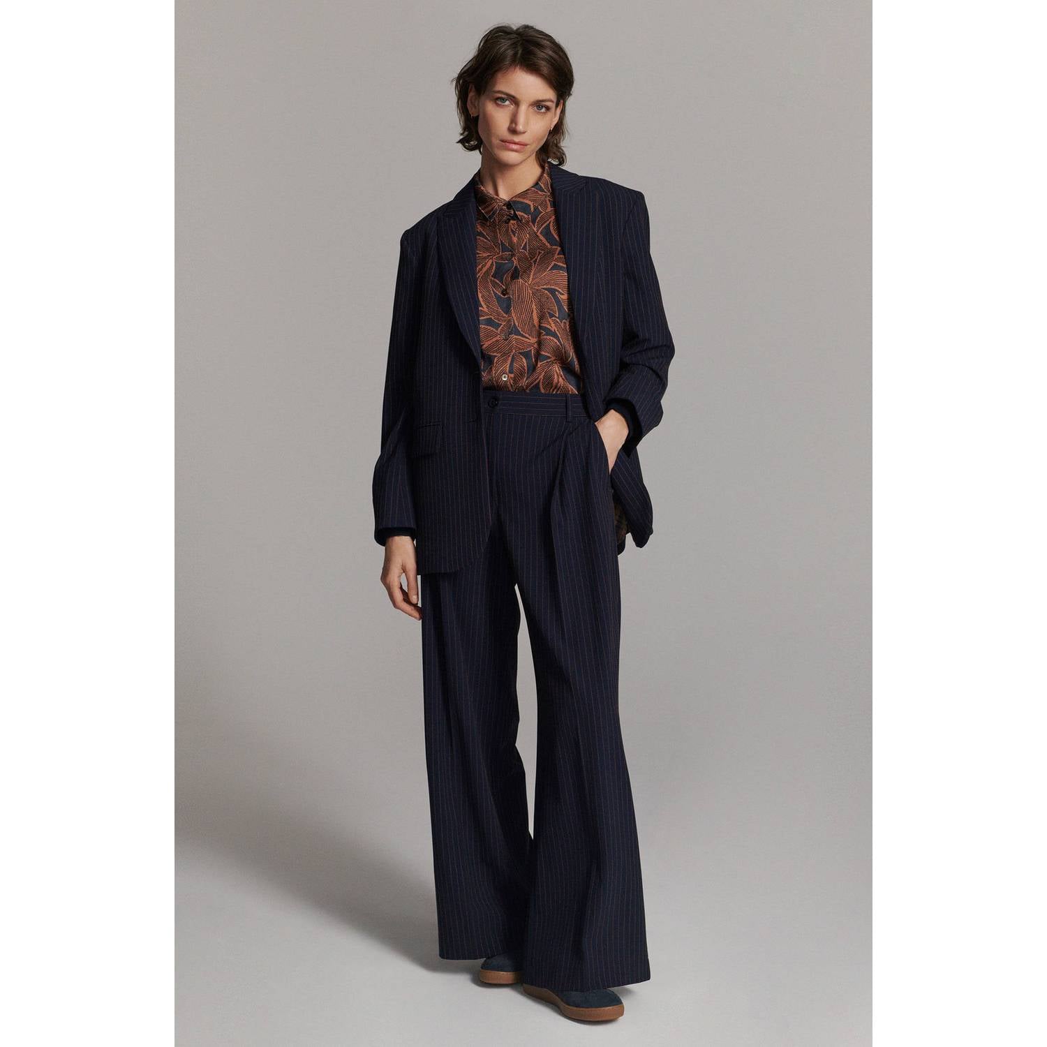Summum wide leg broek met krijtstreep donkerblauw