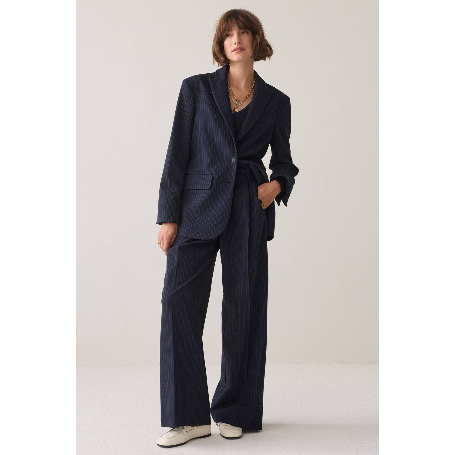 Summum wide leg broek met krijtstreep donkerblauw