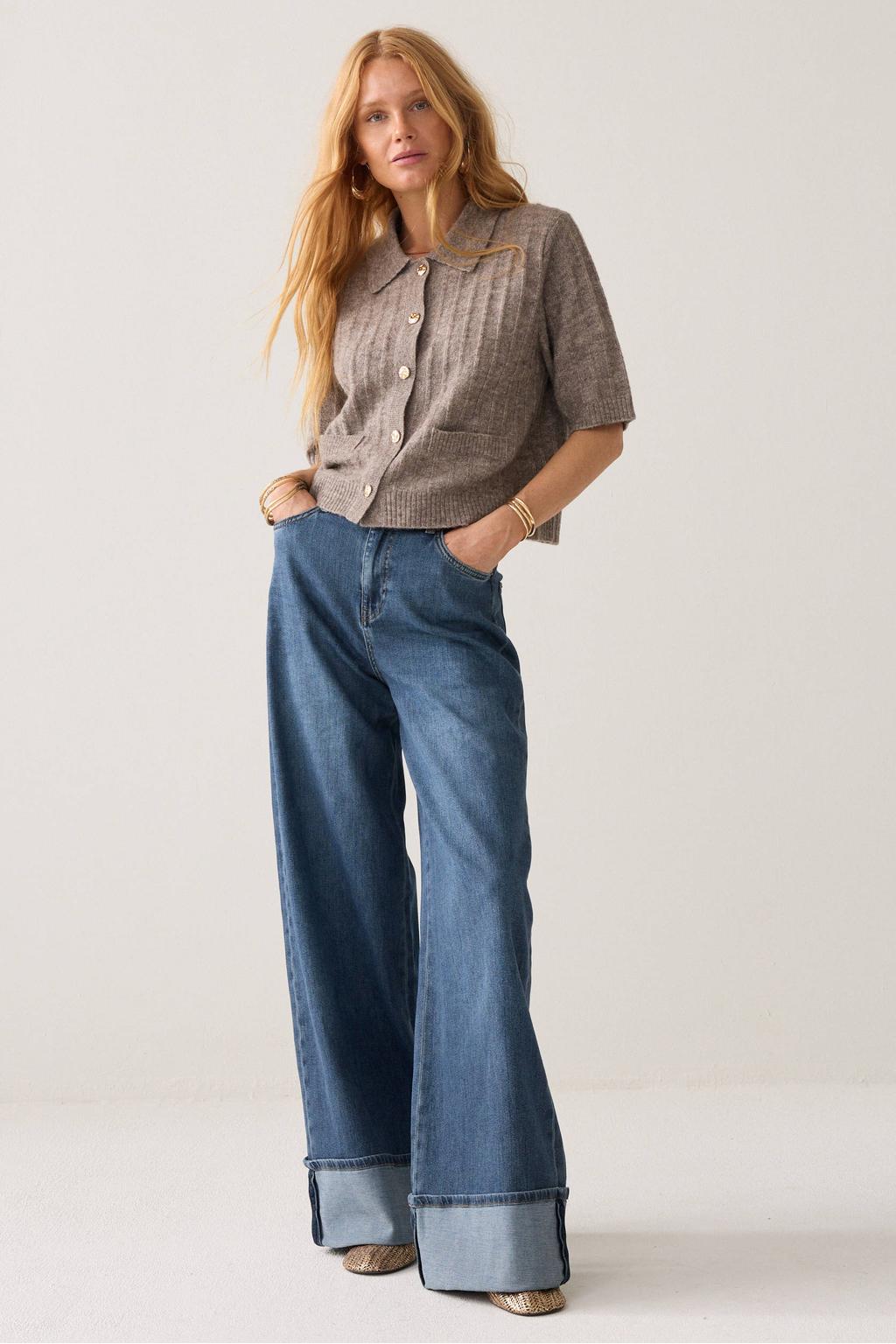 Bruine dames Summum gebreid vest van wol met effen, korte mouwen, klassieke kraag en knoopsluiting