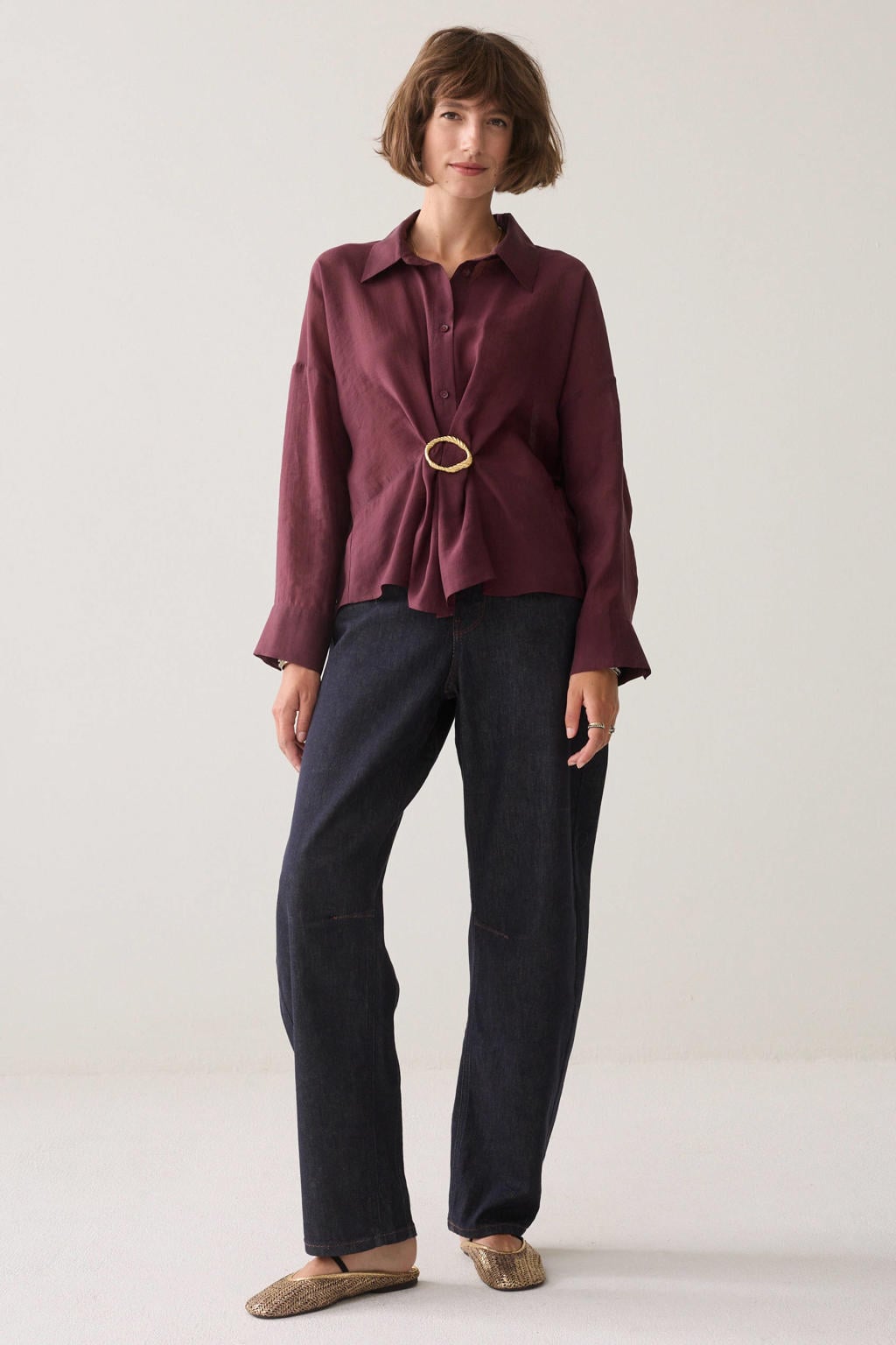 Aubergine dames Summum semi-transparante top van lyocell met effen, lange mouwen en klassieke kraag