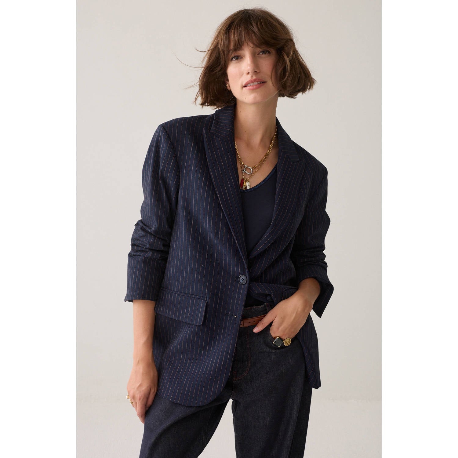 Summum regular blazer met krijtstreep donkerblauw