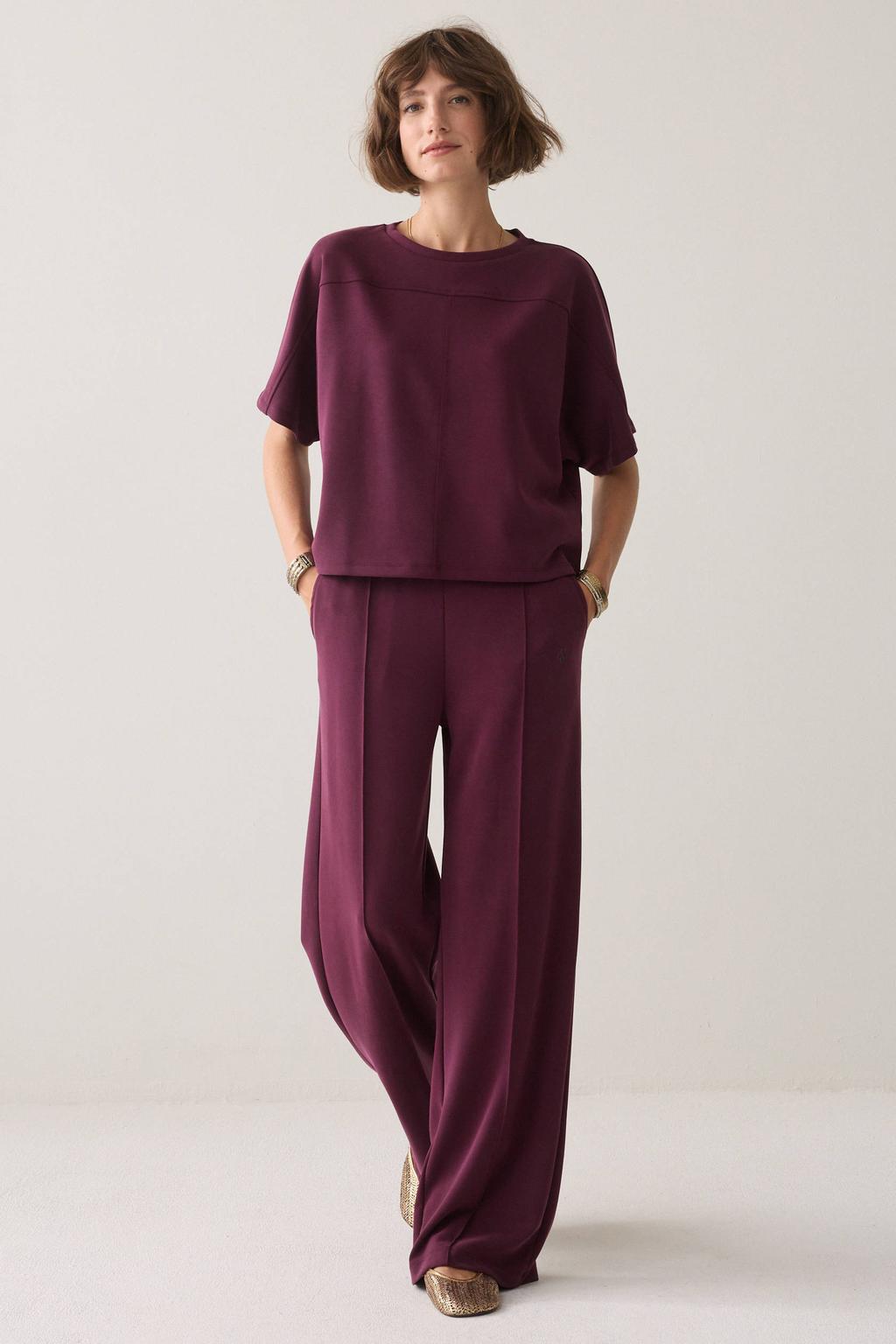 Donkerrode dames Summum loose fit broek van modal met high waist, elastische tailleband en effen