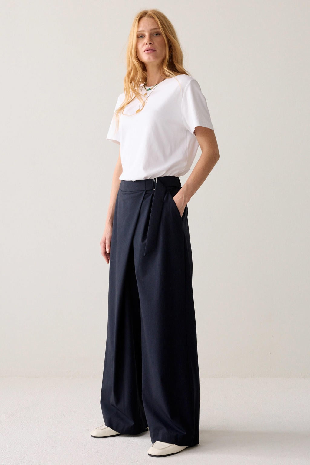 Summum wide leg broek met krijtstreep - donkerblauw