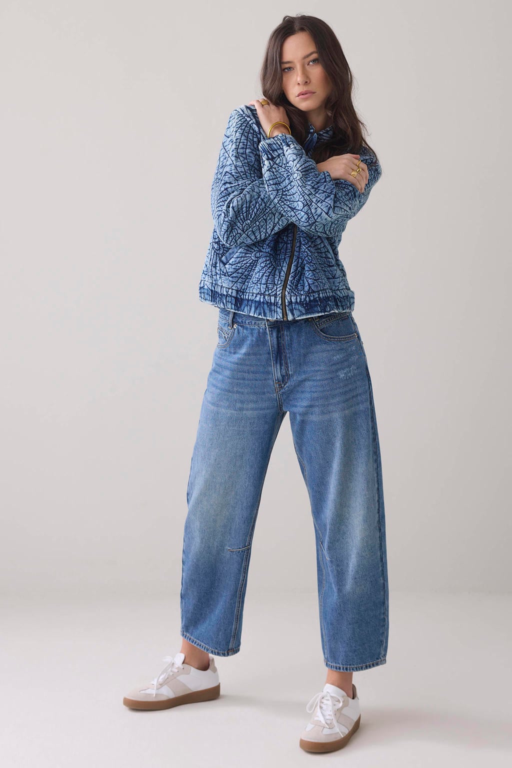 Medium blue denim dames Summum cocoon leg vintage cotton twill barrel jeans mediumblauw van denim met rits- en knoopsluiting en effen