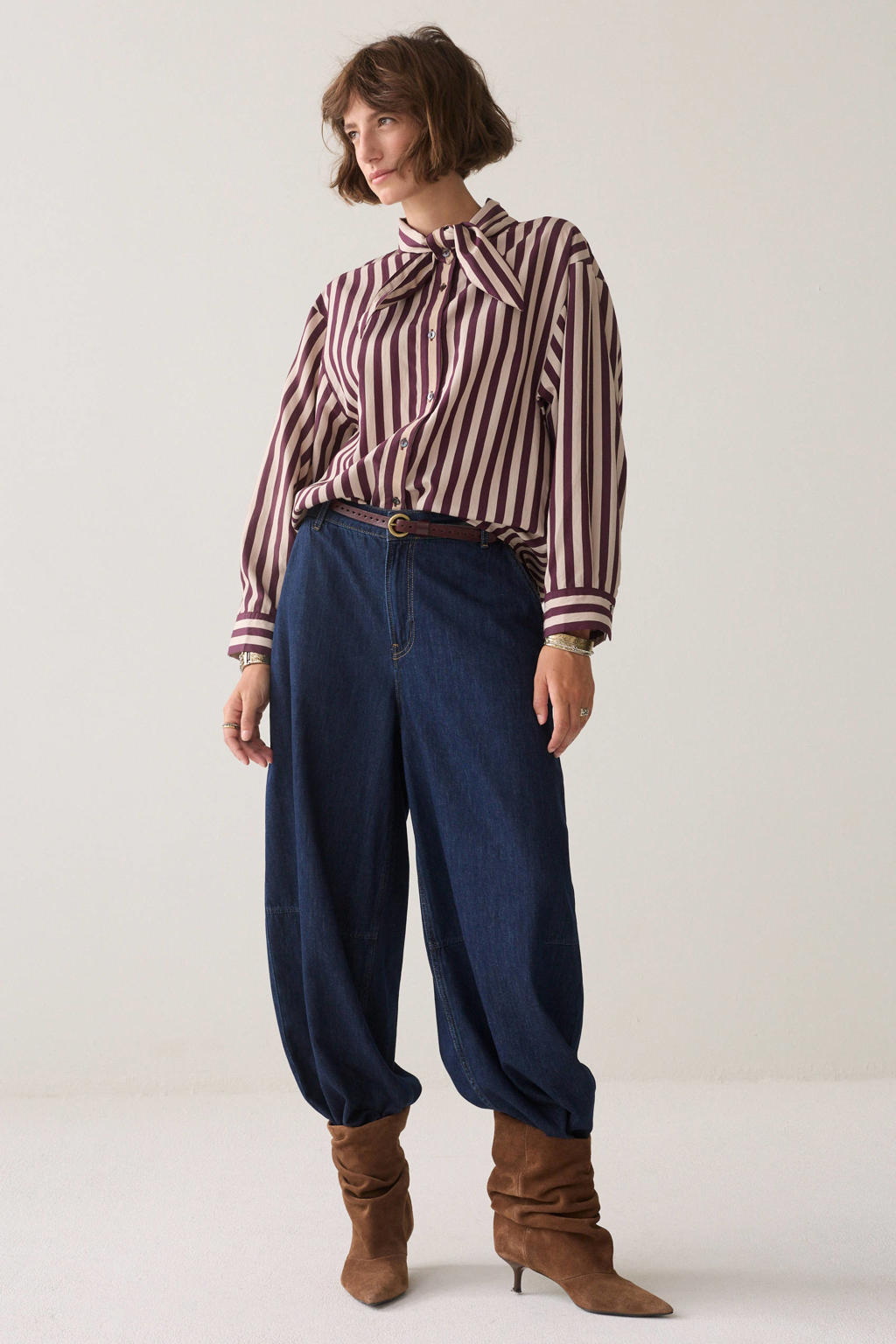 Donkerrood en lichtroze dames Summum gestreepte blouse van viscose met lange mouwen, klassieke kraag en knoopsluiting