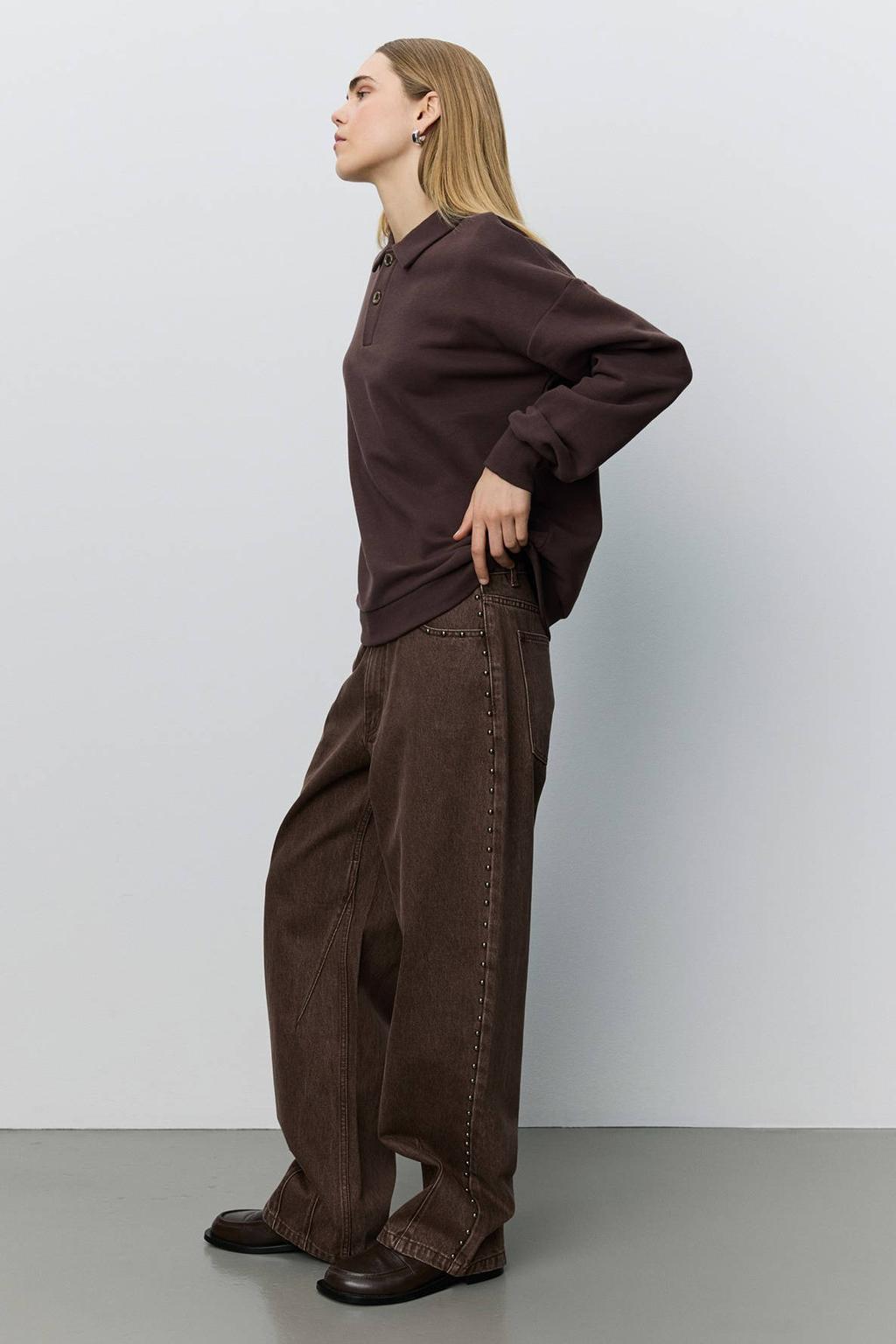Bruine dames Sofie Schnoor barrel jeans van denim met regular waist, rits- en knoopsluiting en effen