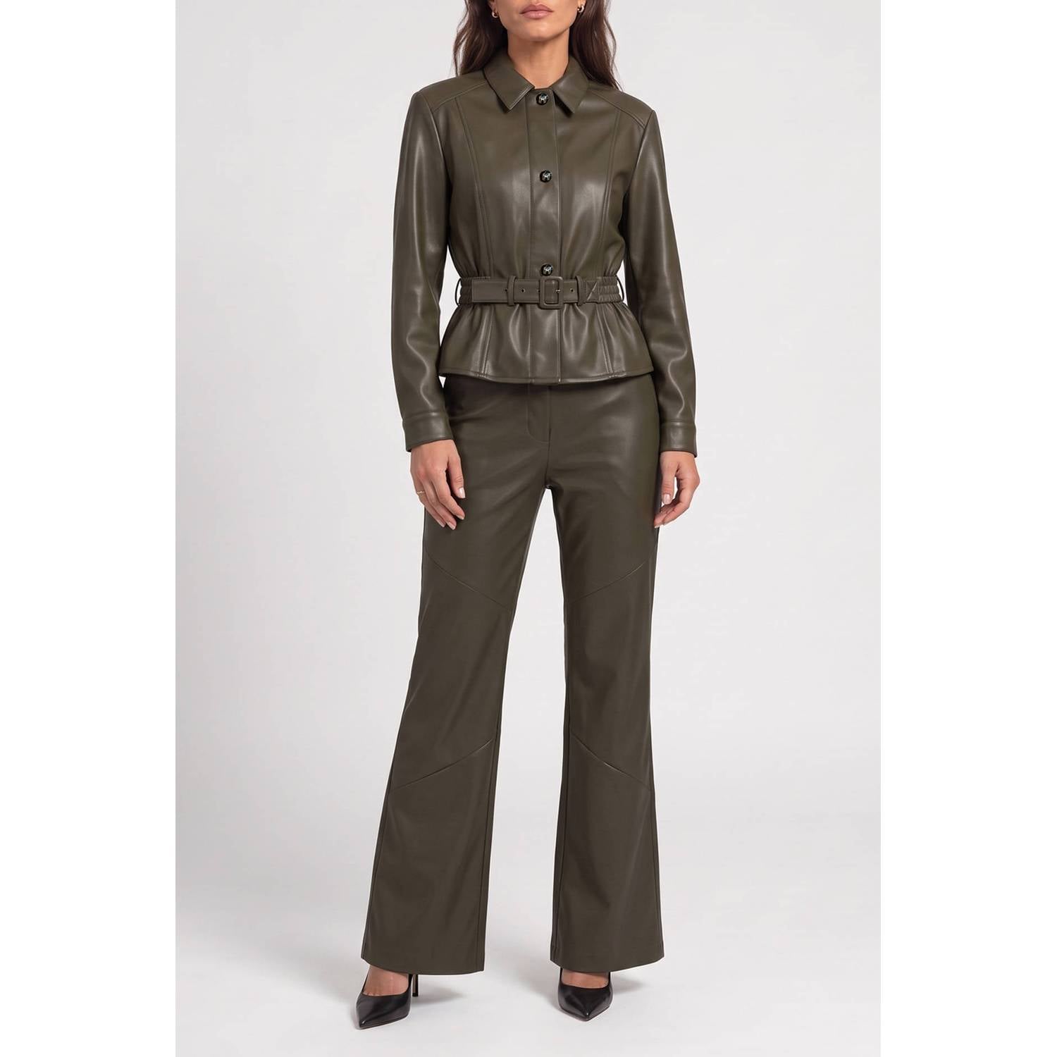 Fifth House imitatieleren wide leg broek groen