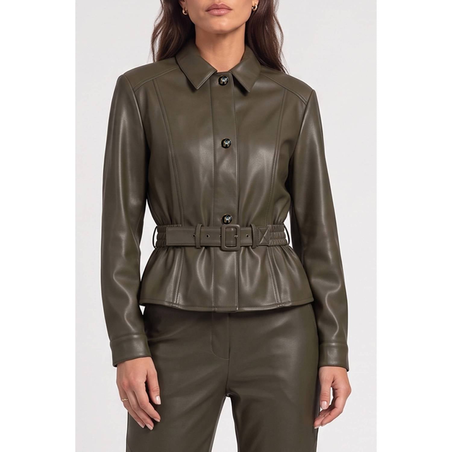 Fifth House imitatieleren blouse met ceintuur groen