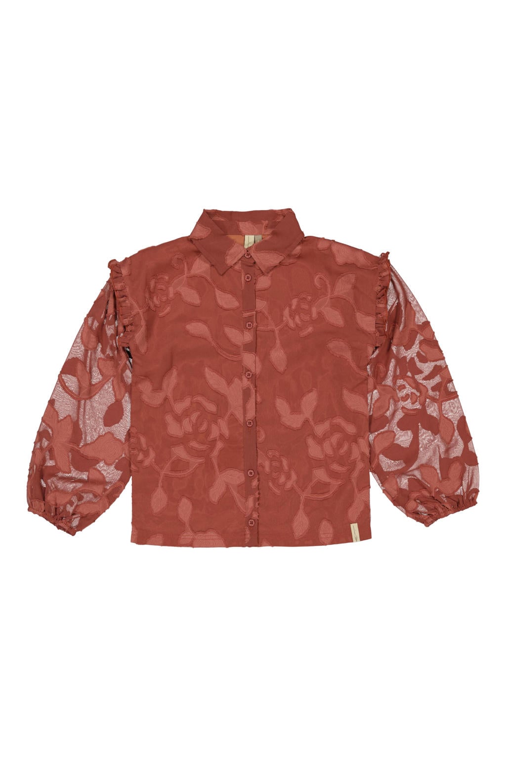 Terracottakleurige meisjes LEVV blouse en print van polyester met lange mouwen, klassieke kraag, knoopsluiting en ruches
