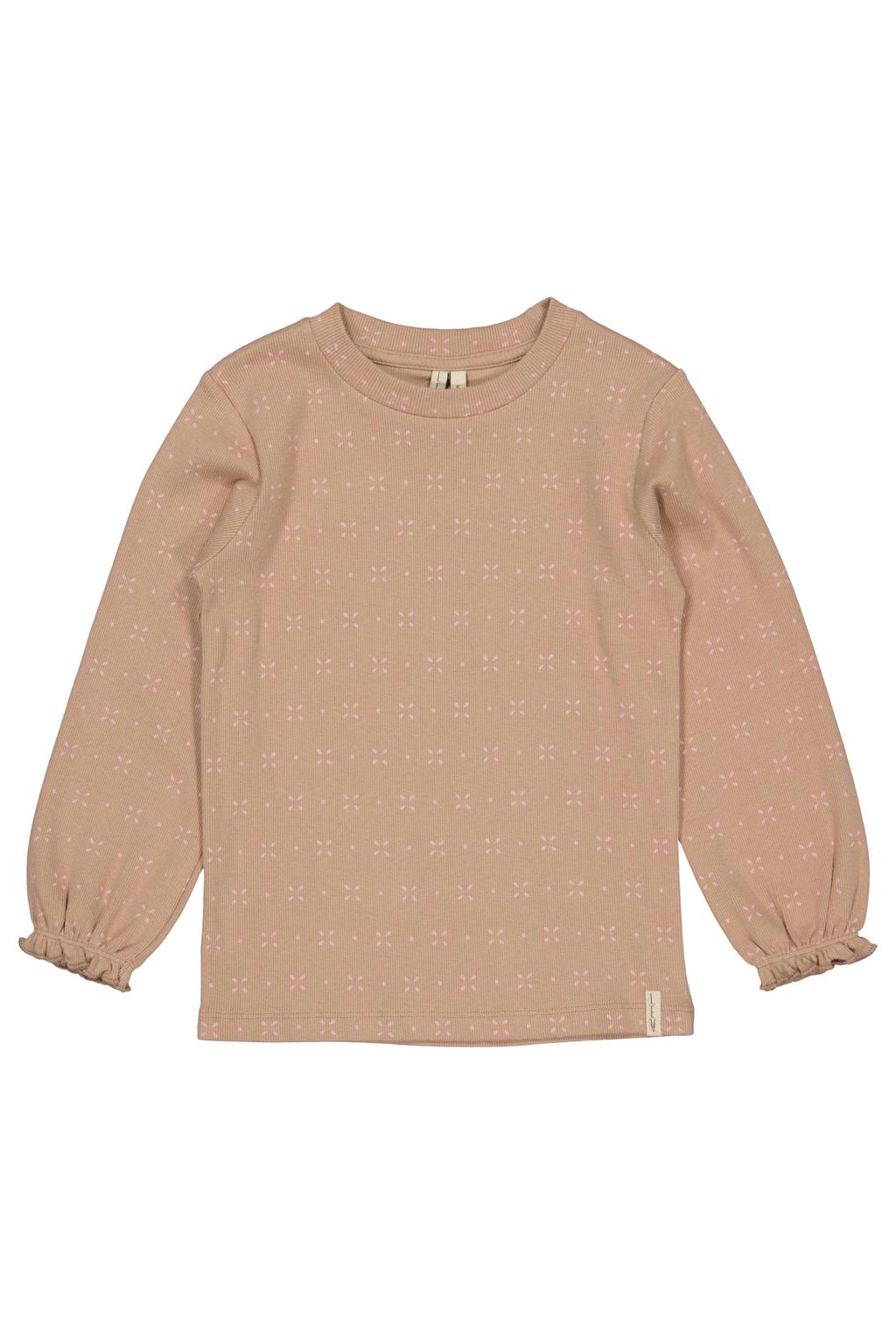 Lichtbruin en roze meisjes LEVV longsleeve van stretchkatoen met lange mouwen en ronde hals