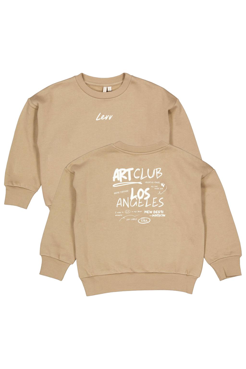 Lichtbruine jongens LEVV sweater met backprint, lange mouwen, ronde hals en geribde boorden