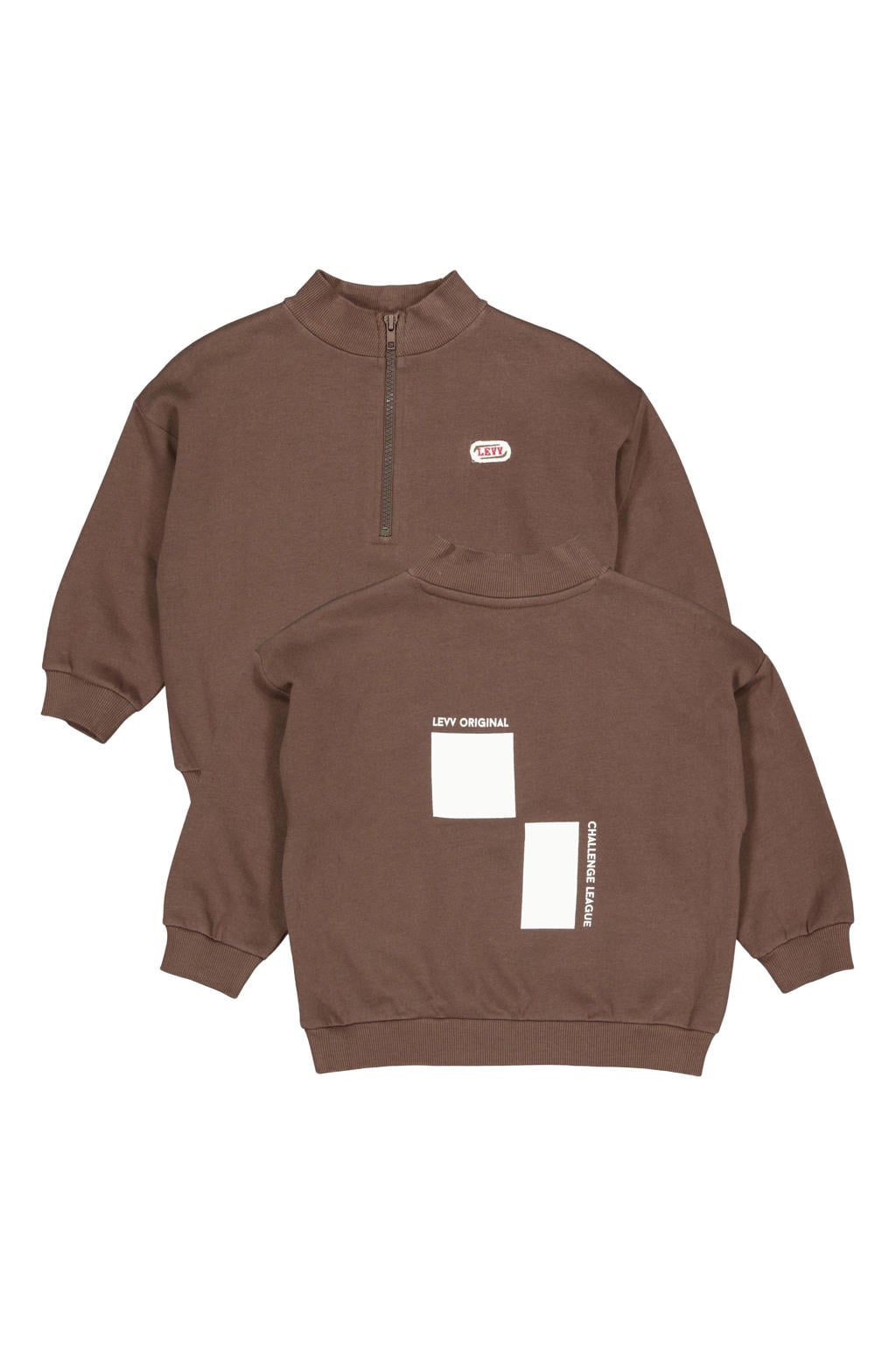 Bruine jongens LEVV sweater met backprint, lange mouwen, opstaande kraag en halve rits
