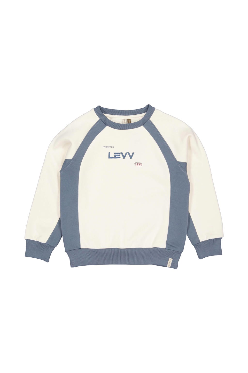 Ecru jongens LEVV sweater met tekst print, lange mouwen en ronde hals
