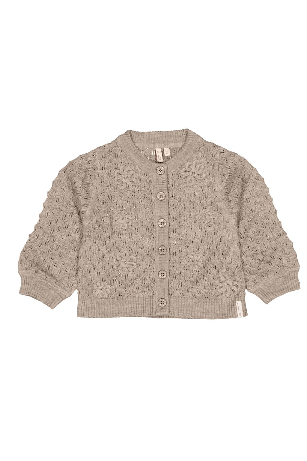 Taupe meisjes LEVV gebreide vest van acryl met effen, lange mouwen, ronde hals, knoopsluiting en ajour details