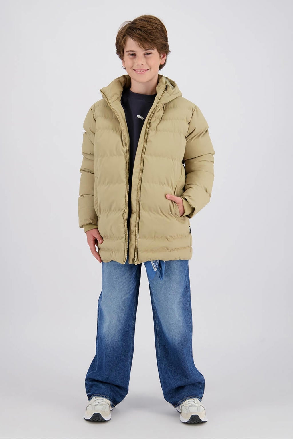 Beige jongens Raizzed pufferjas van polyester met effen, lange mouwen, capuchon en ritssluiting