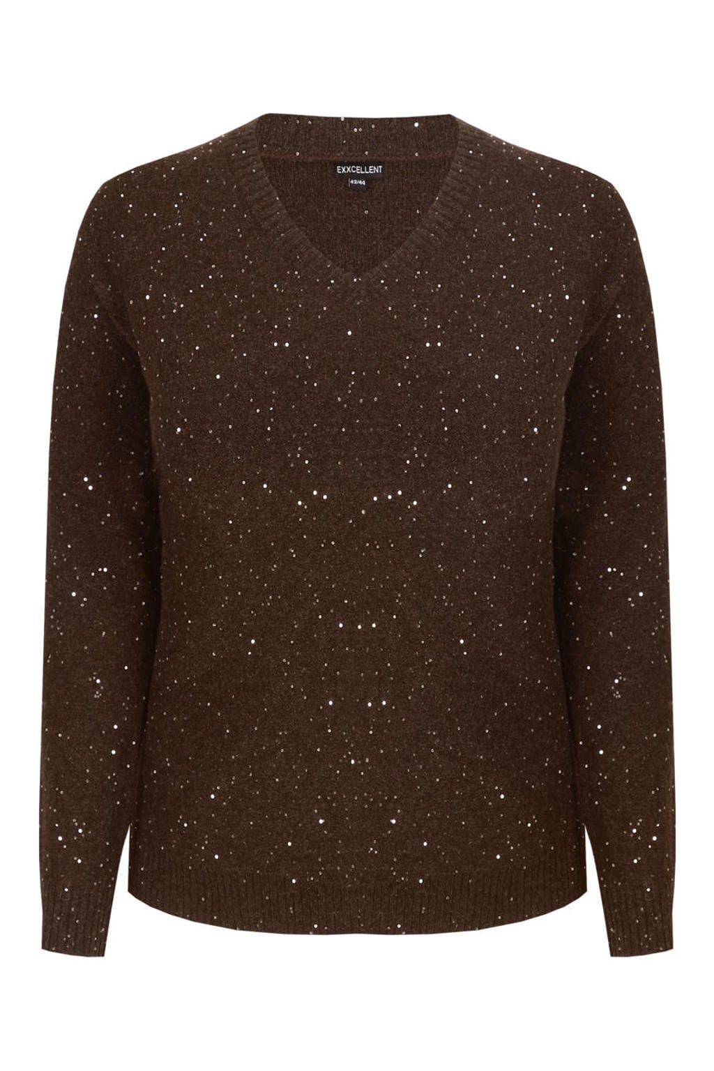 Bruine dames Exxcellent gebreide trui Plus Size van acryl met effen, lange mouwen en glitters