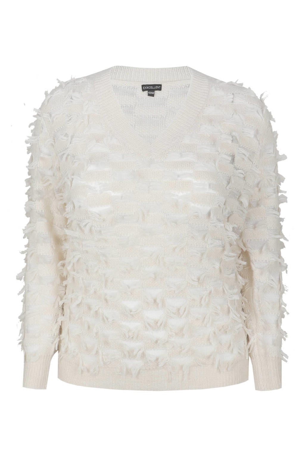 Zandkleurige dames Exxcellent semi-transparante trui Plus Size van acryl met effen, lange mouwen en rafels