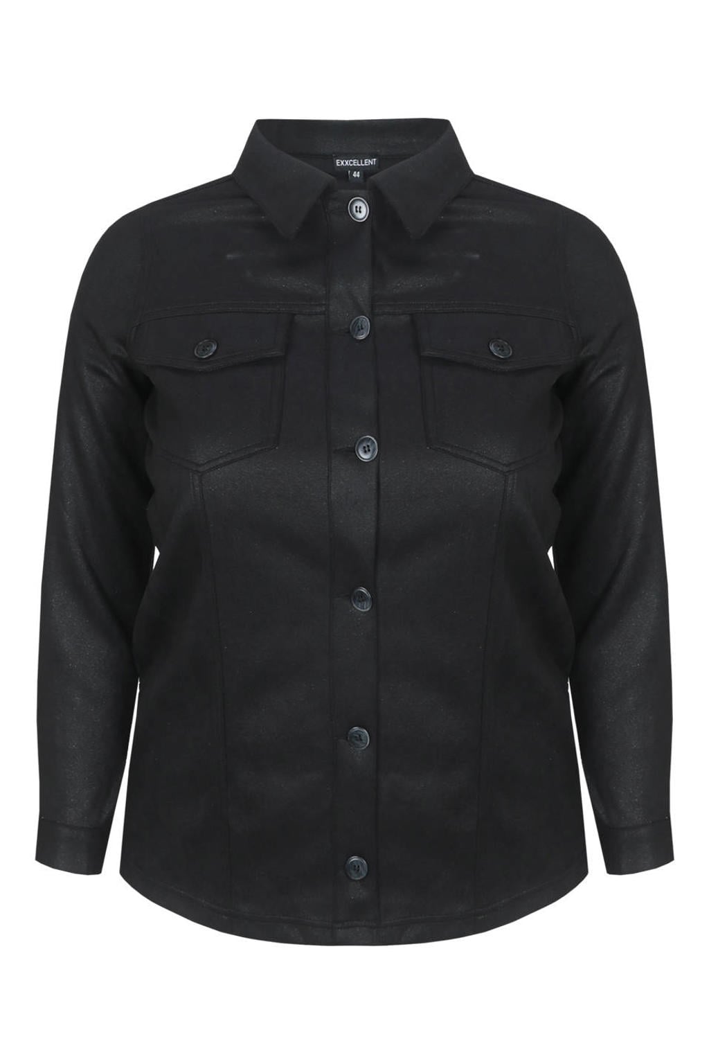 Zwarte dames Exxcellent suèdelook jacket Plus Size met effen, lange mouwen, klassieke kraag en knoopsluiting