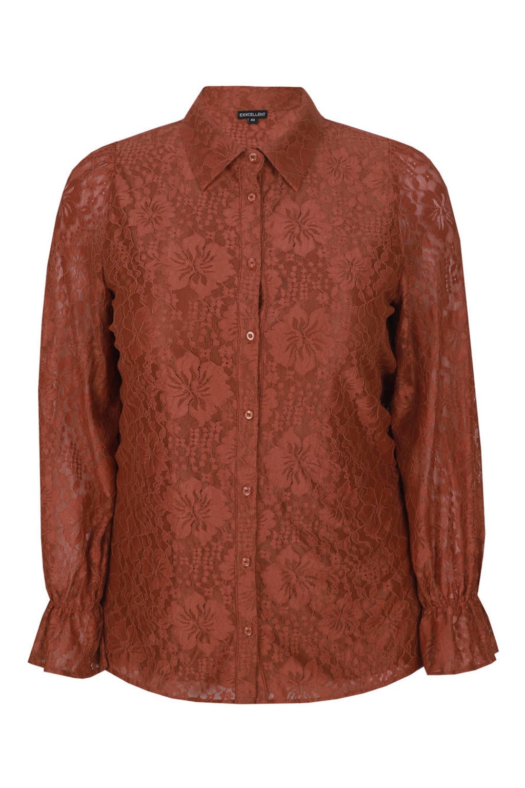 Terracottakleurige dames Exxcellent kanten gebloemde semi-transparante blouse Plus Size met lange mouwen, klassieke kraag en knoopsluiting