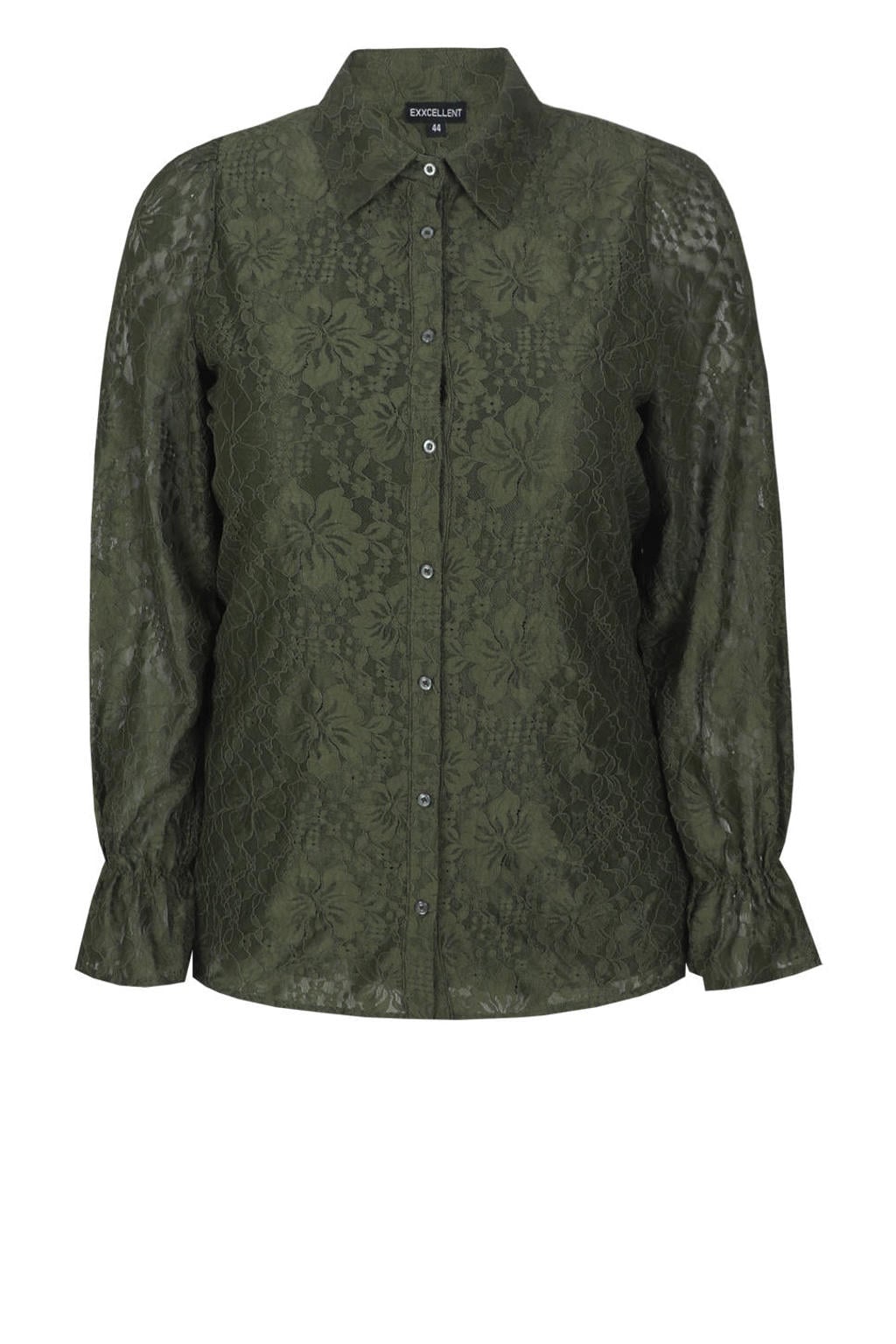 Olijfgroene dames Exxcellent kanten gebloemde semi-transparante blouse Plus Size met lange mouwen, klassieke kraag en knoopsluiting